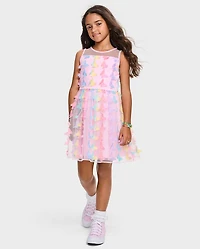 Girls Rainbow 3D Butterfly Mesh Fit And Flare Dress