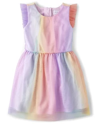Girls Glitter Rainbow Ombre Mesh Fit And Flare Dress