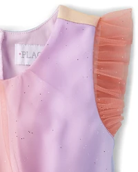 Girls Glitter Rainbow Ombre Mesh Fit And Flare Dress