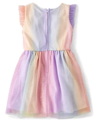 Girls Glitter Rainbow Ombre Mesh Fit And Flare Dress