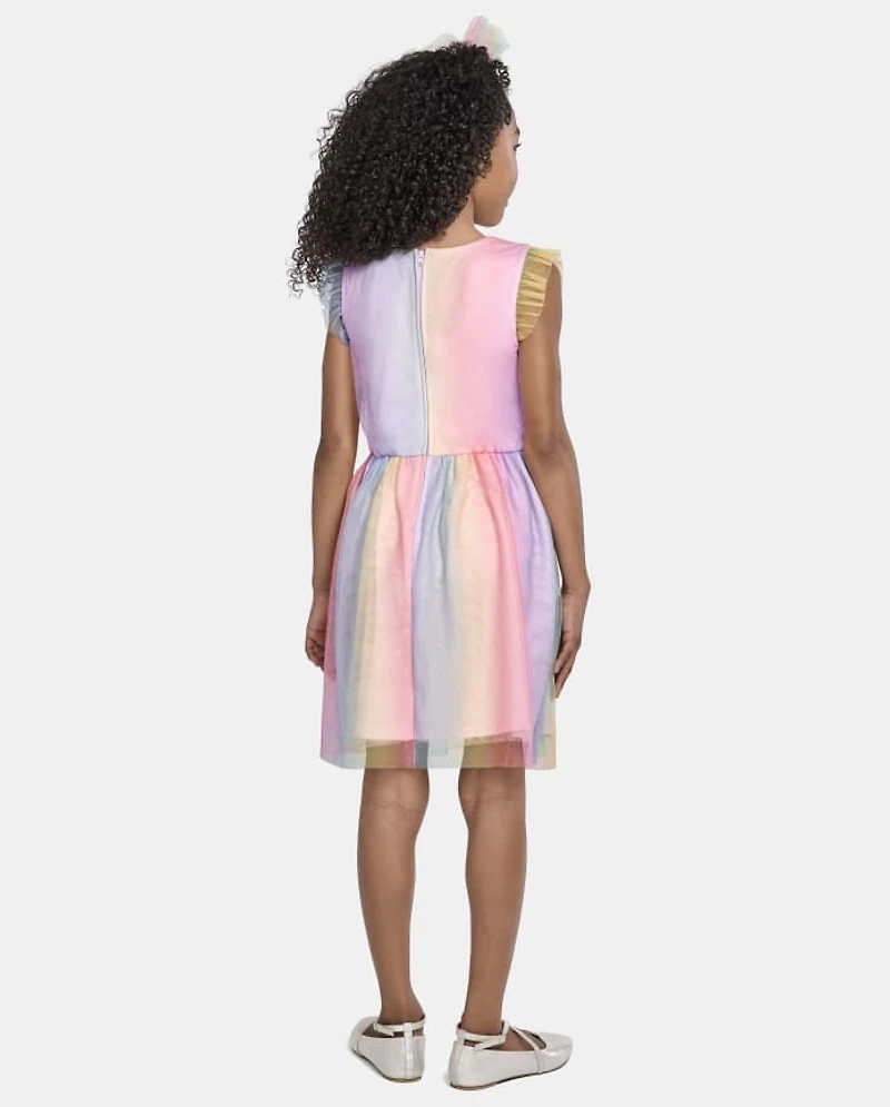 Girls Glitter Rainbow Ombre Mesh Fit And Flare Dress