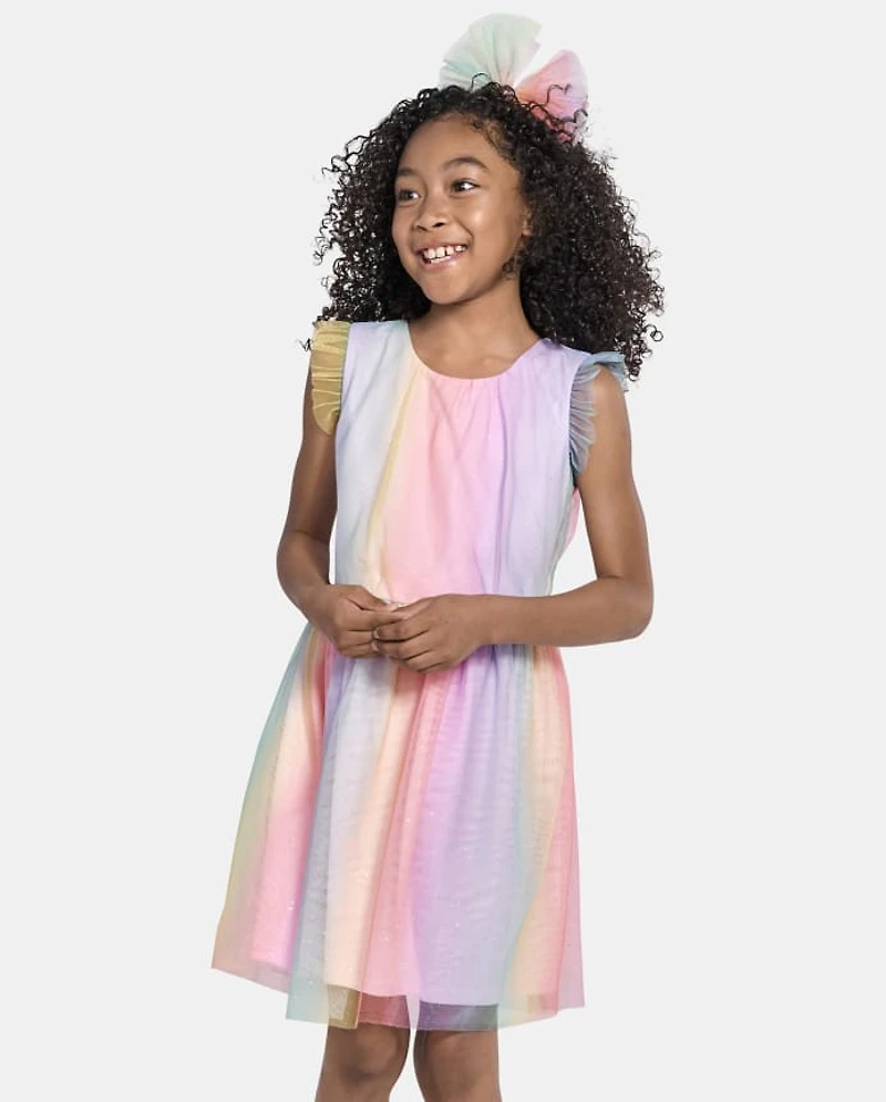 Girls Glitter Rainbow Ombre Mesh Fit And Flare Dress