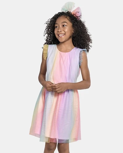 Girls Glitter Rainbow Ombre Mesh Fit And Flare Dress