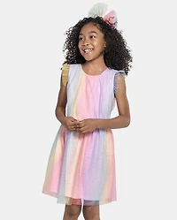 Girls Glitter Rainbow Ombre Mesh Fit And Flare Dress