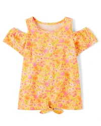 Girls Print Cold Shoulder Tie-Front Top