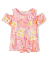 Girls Print Cold Shoulder Tie-Front Top