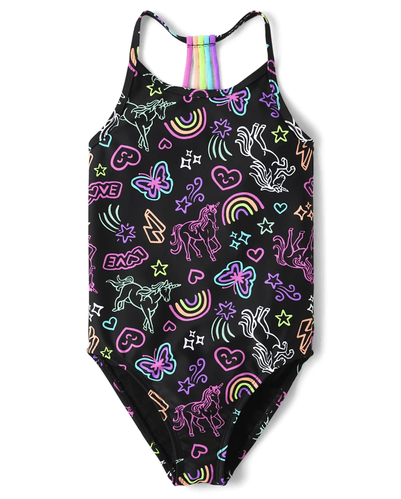 Girls Rainbow Doodle One Piece Swimsuit