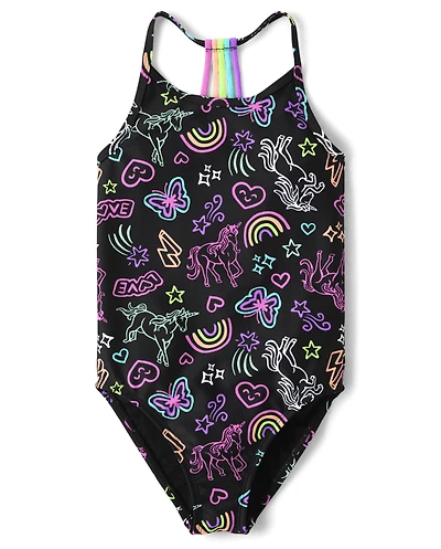 Girls Rainbow Doodle One Piece Swimsuit