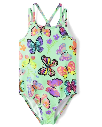 Girls Butterfly Cross-Back One Piece Swimsuit