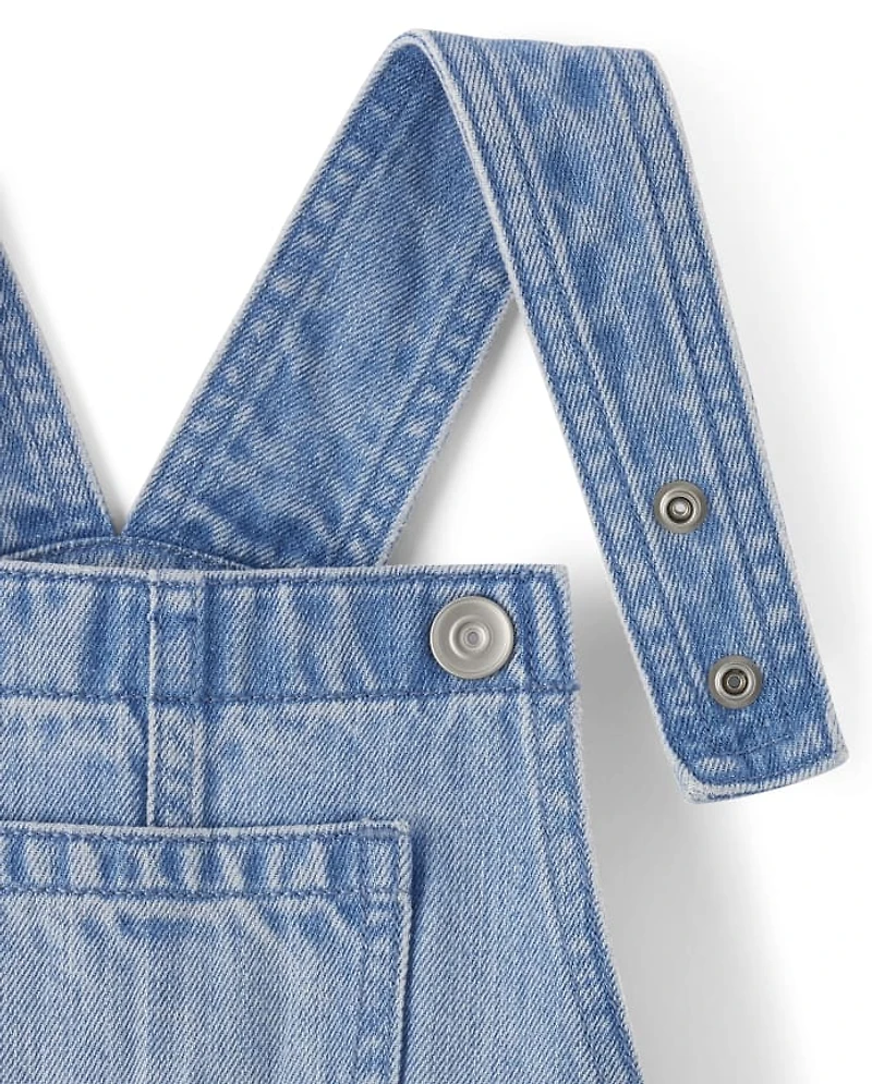 Girls Roll Cuff Denim Overalls