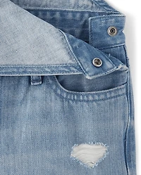 Girls Roll Cuff Denim Overalls