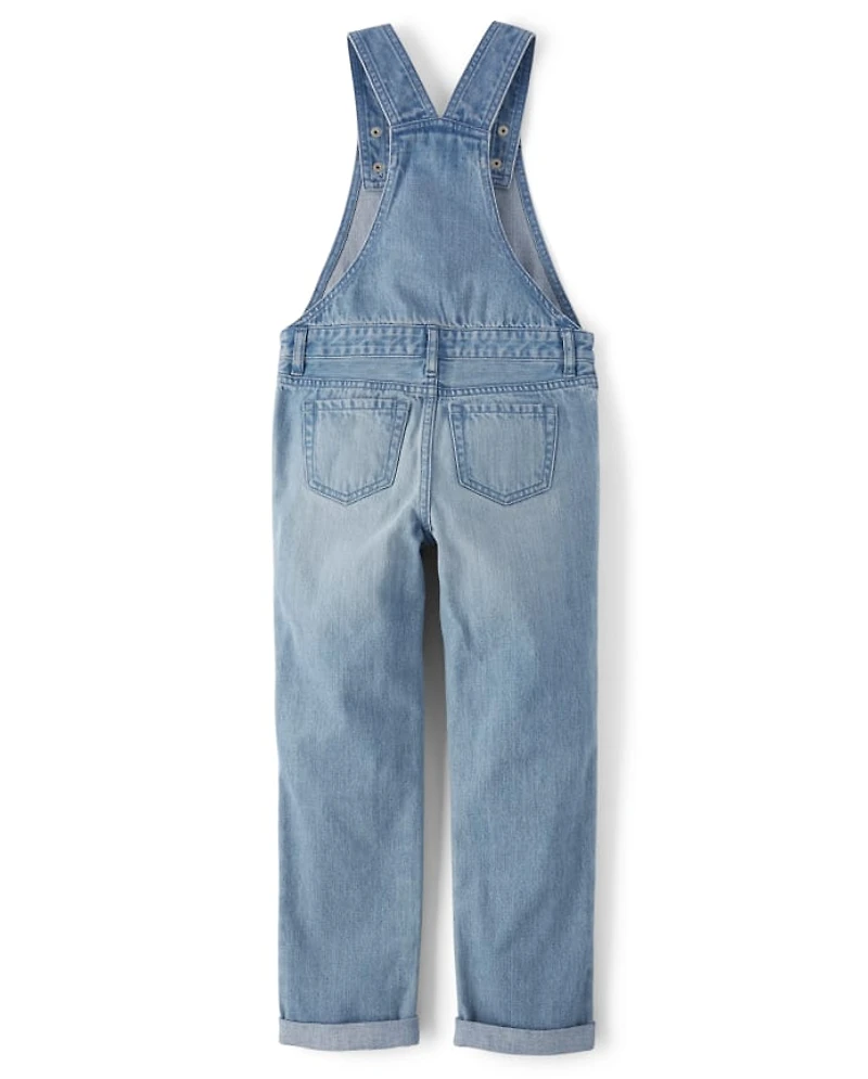 Girls Roll Cuff Denim Overalls