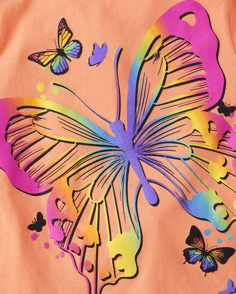 T-shirt graphique papillon arc-en-ciel pour fille