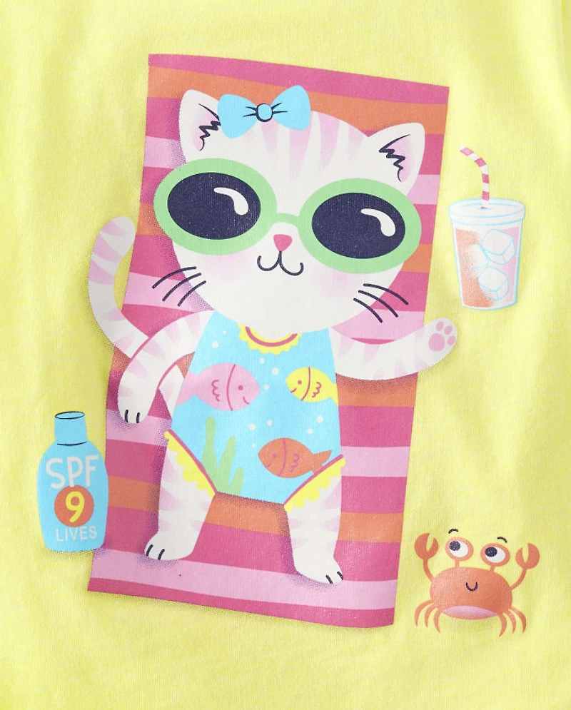 Baby And Toddler Girls Cat Beach Towel Graphic Tee