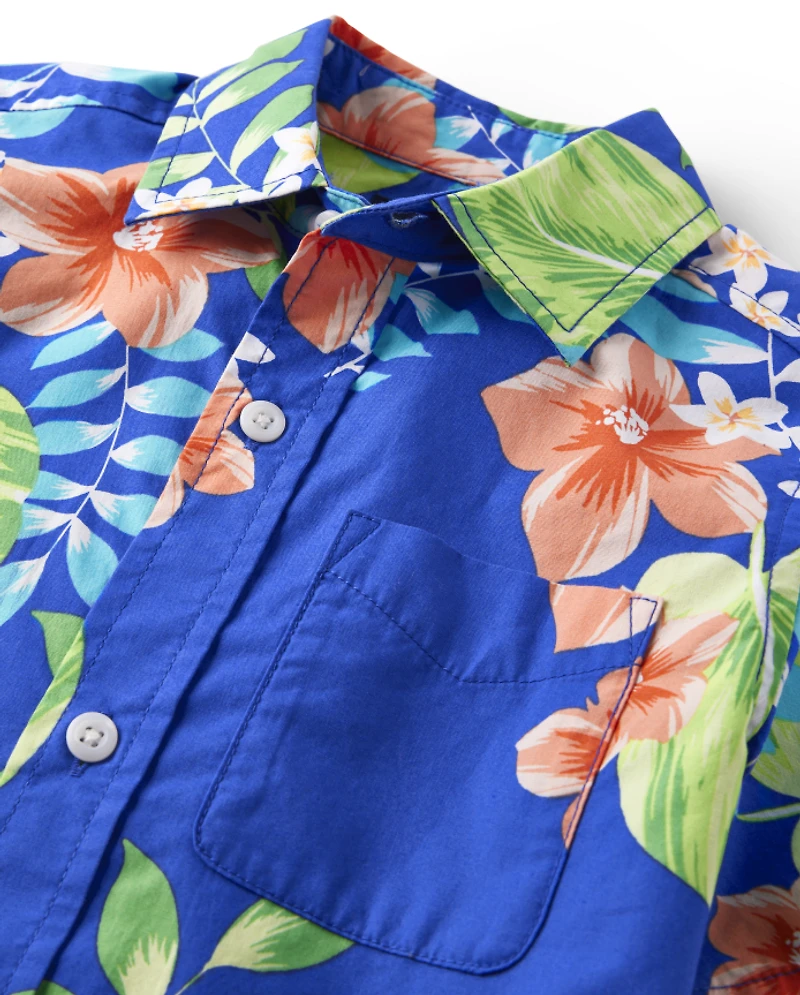 Boys Matching Family Tropical Poplin Button Up Shirt