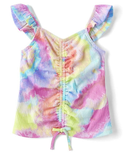 Girls Cinch Front Jacquard Flutter Top