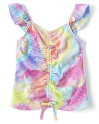 Girls Cinch Front Jacquard Flutter Top