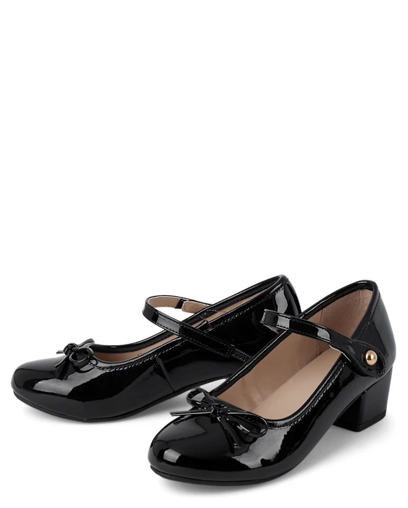 Girls Bow Faux Patent Leather Low Heel Shoes
