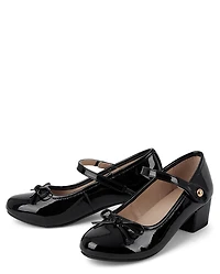 Girls Bow Faux Patent Leather Low Heel Shoes