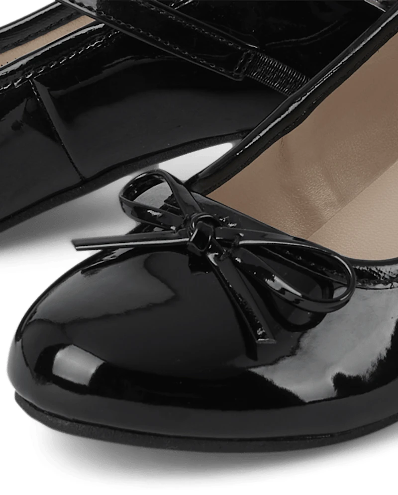 Girls Bow Faux Patent Leather Low Heel Shoes