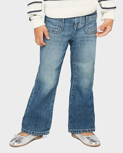 Toddler Girls Patch Pocket Wide Leg Jeans