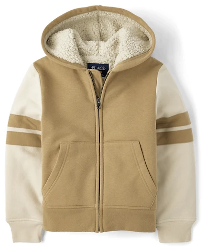 Boys Colorblock Fleece Sherpa Lined Zip Up Hoodie