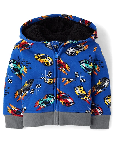 Baby And Toddler Boys Print Premium Fleece Sherpa Lined Zip Up Hoodie