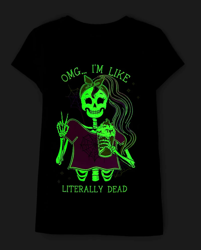 Girls Glow Skeleton Girl Graphic Tee