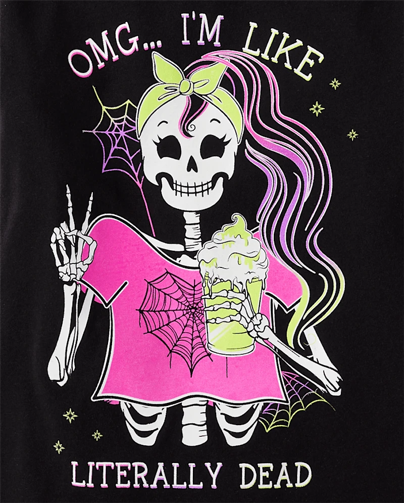 Girls Glow Skeleton Girl Graphic Tee