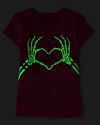 Girls Glow Skeleton Hands Heart Graphic Tee