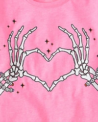 Girls Glow Skeleton Hands Heart Graphic Tee