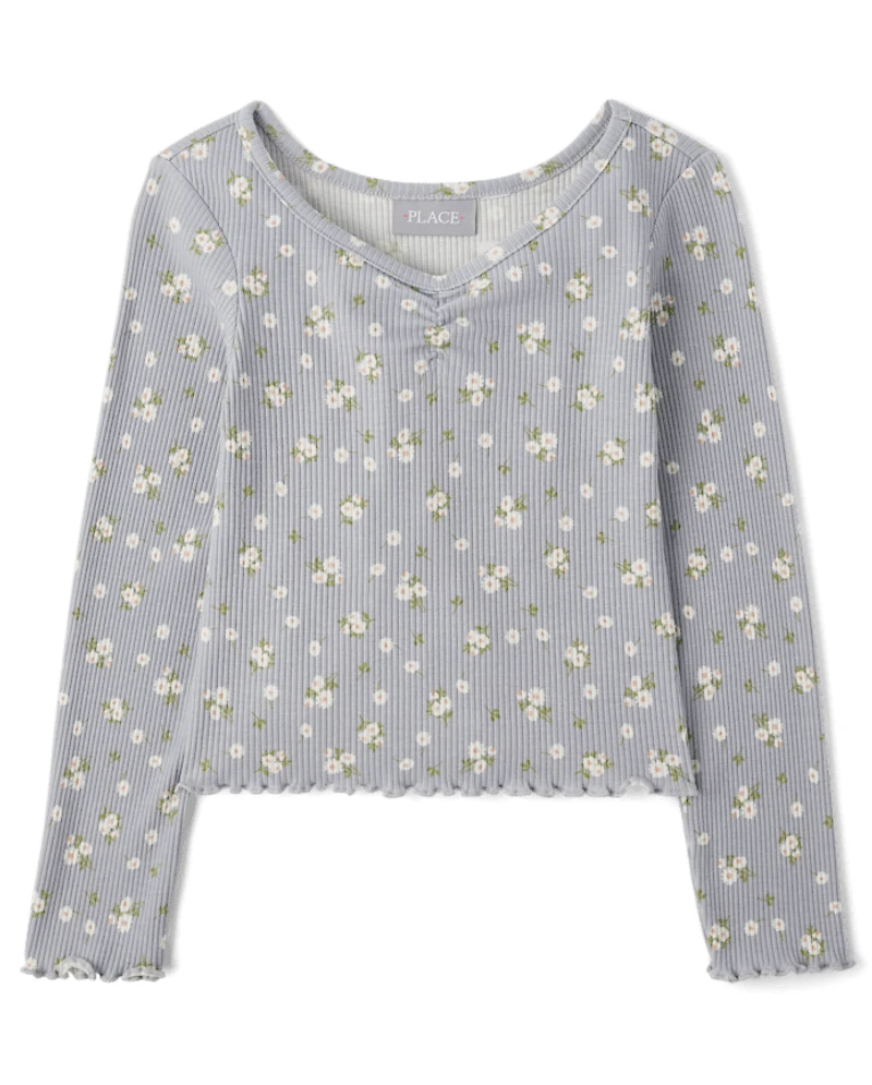 Girls Floral Ribbed Ruched Top
