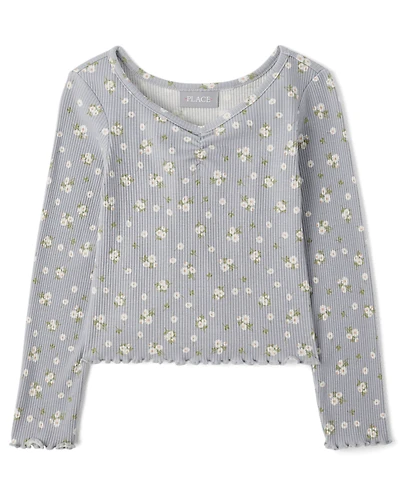 Girls Floral Ribbed Ruched Top