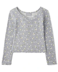 Girls Floral Ribbed Ruched Top