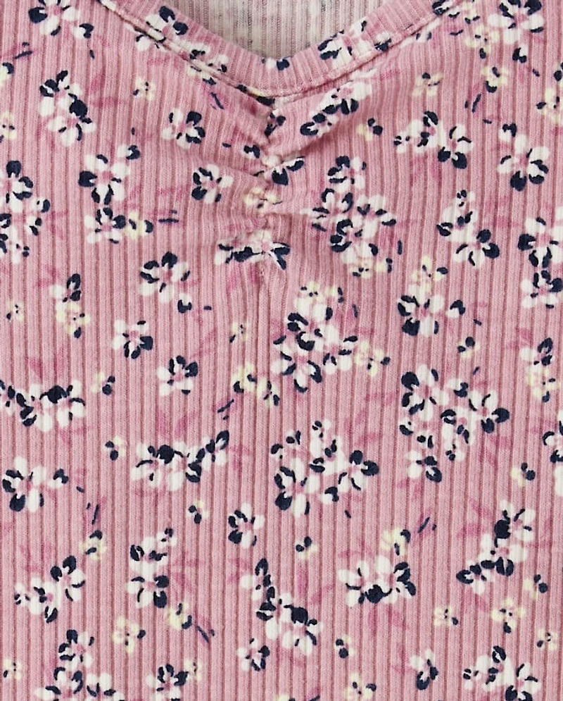 Girls Floral Ribbed Ruched Top