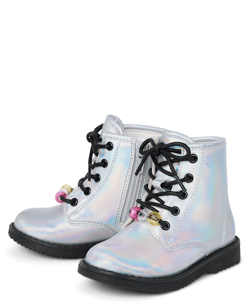 Toddler Girls Holographic Beaded Lace Up Booties