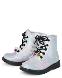 Toddler Girls Holographic Beaded Lace Up Booties