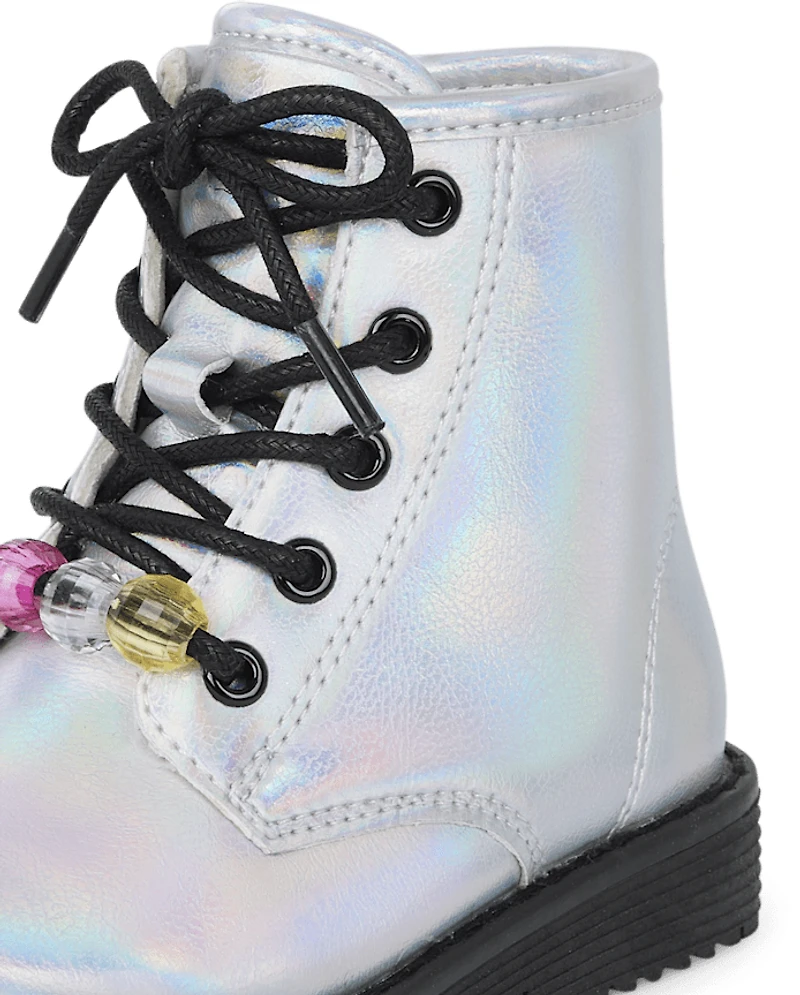 Toddler Girls Holographic Beaded Lace Up Booties