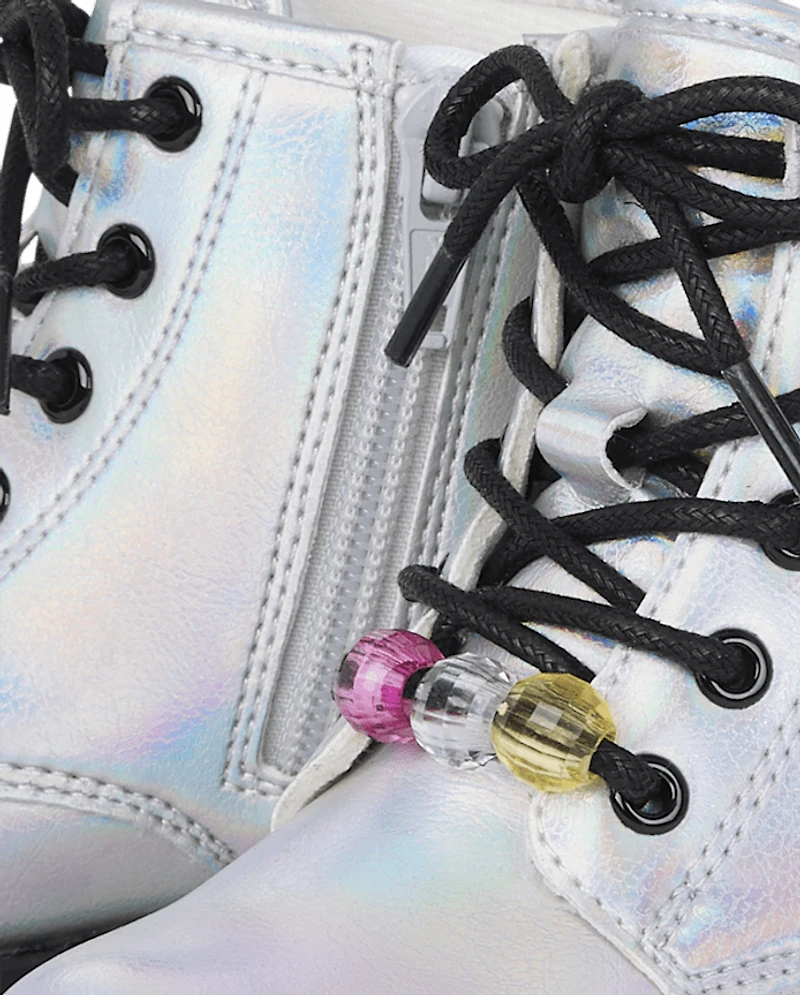 Toddler Girls Holographic Beaded Lace Up Booties