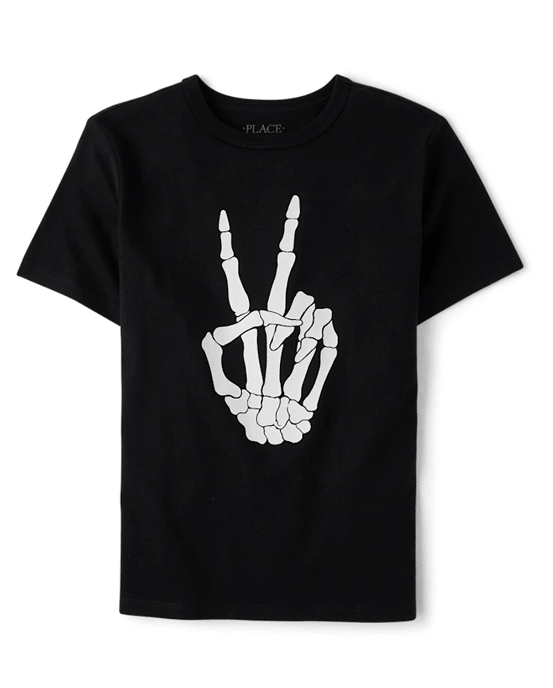 Kids Glow Skeleton Peace Sign Graphic Tee