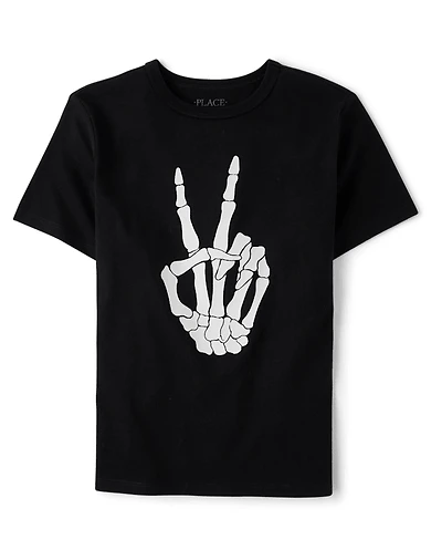 Kids Glow Skeleton Peace Sign Graphic Tee