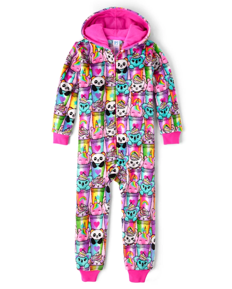 Girls Animal Milkshake One Piece Pajamas - Cozy Fleece