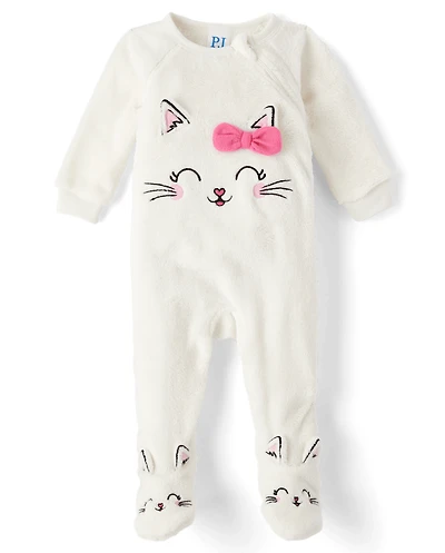 Baby And Toddler Girls Cat Fleece Footed One Piece Pajamas