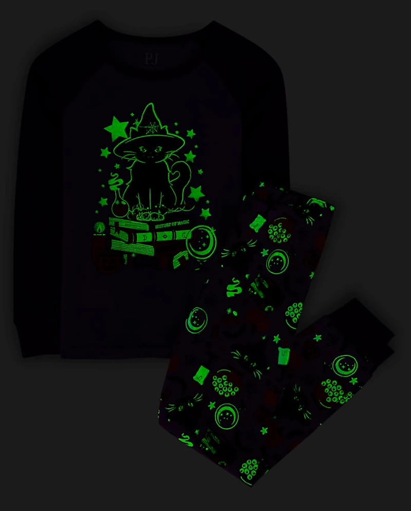 Girls Glow Cat Witch Snug Fit Cotton Pajamas