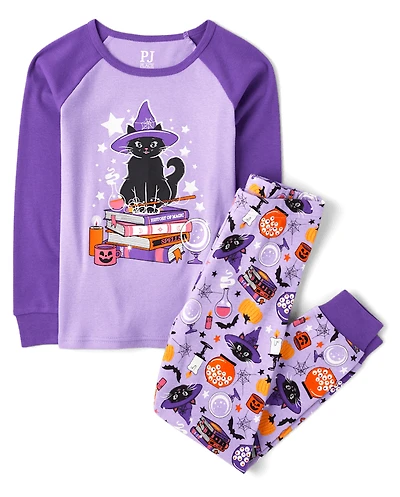 Girls Glow Cat Witch Snug Fit Cotton Pajamas