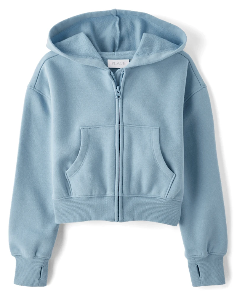Girls Premium Fleece Cropped Zip Up Hoodie