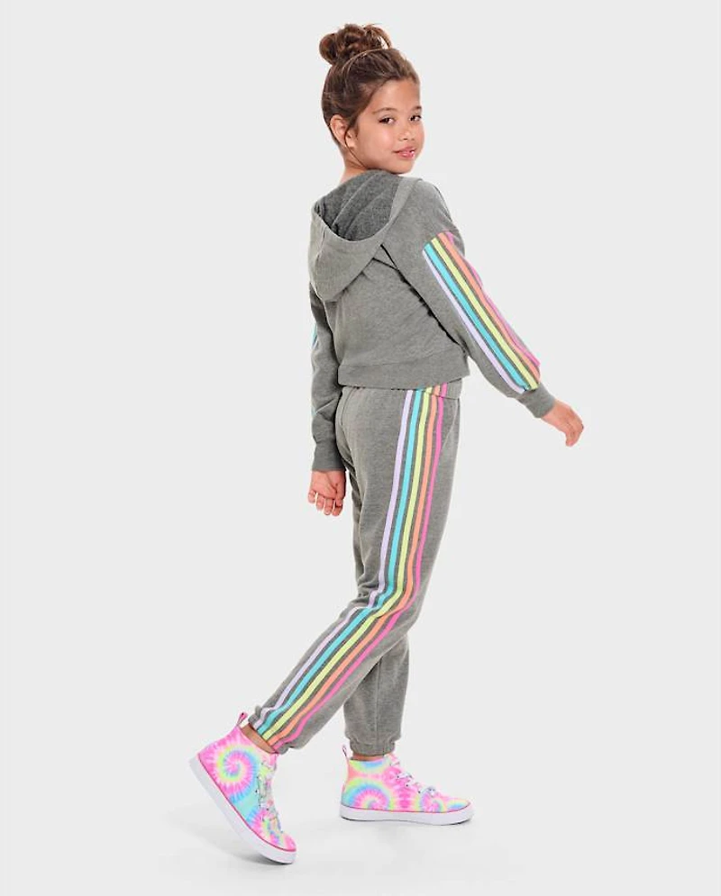 Girls Side Stripe Fleece Cropped Zip Up Hoodie