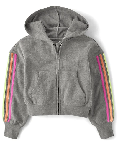 Girls Side Stripe Fleece Cropped Zip Up Hoodie