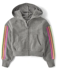 Girls Side Stripe Fleece Cropped Zip Up Hoodie