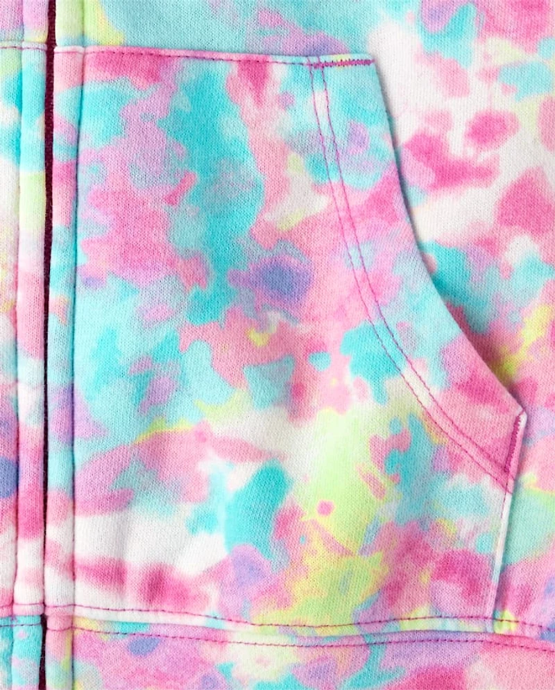 Girls Rainbow Tie Dye Fleece Cropped Zip Up Hoodie